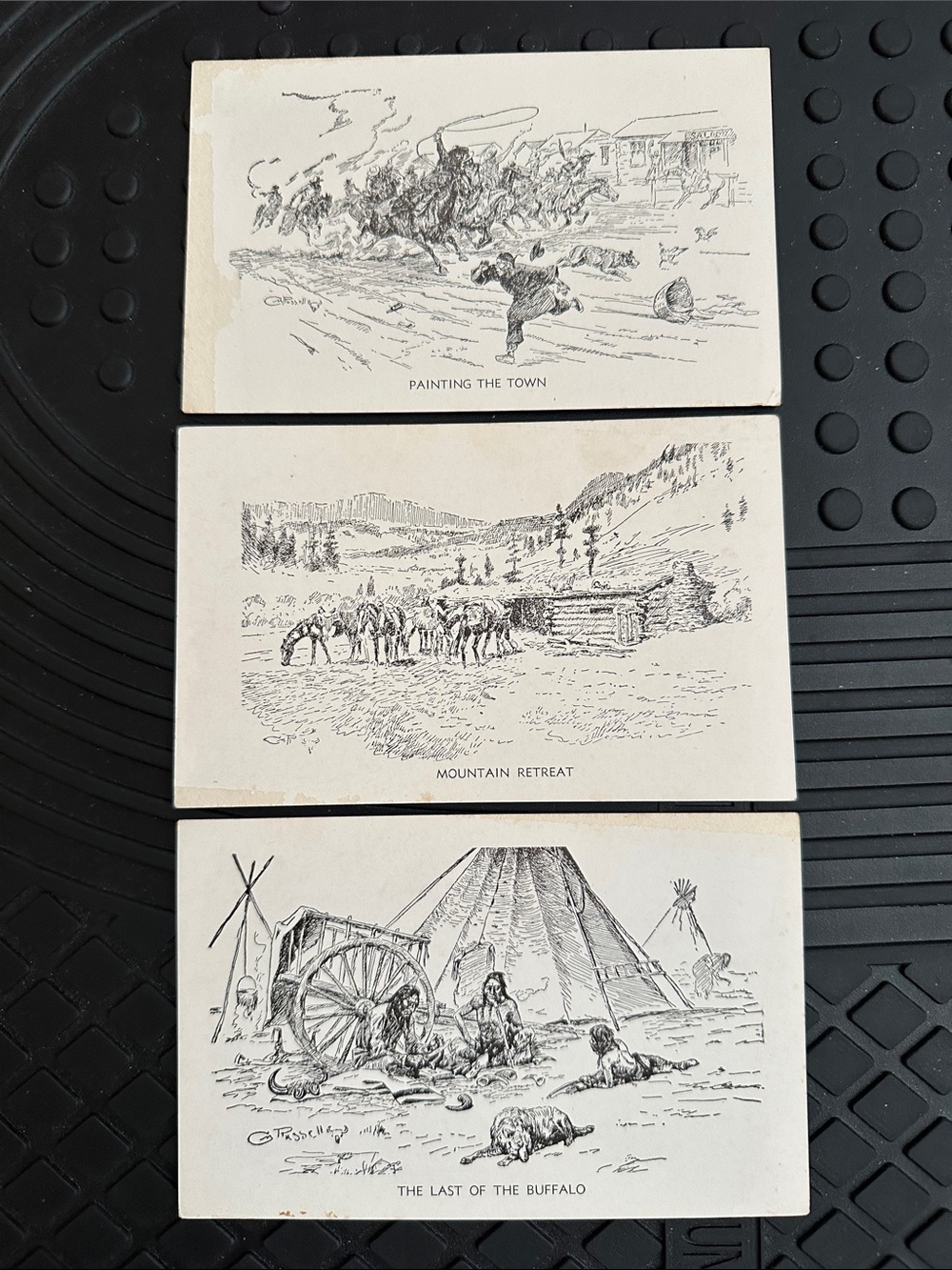 C.M Russell Postcards Painting The Town, Mountain Retreat, The Last of the Buffa